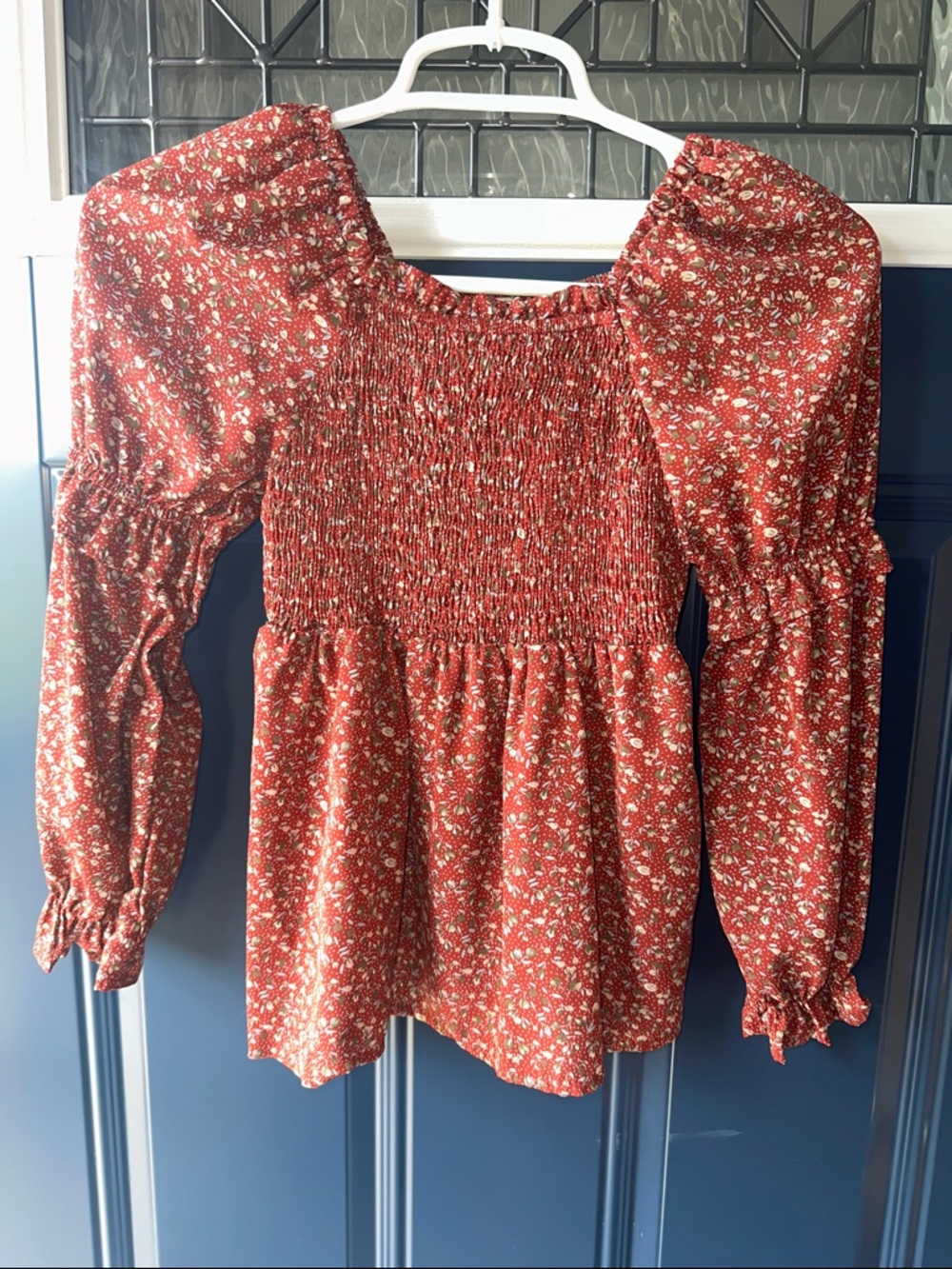 Hayden Rust Floral Smocked Square-Neck Blouse